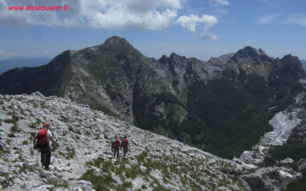 Discesa dal Pizzo d'Uccello per la via normale, veduta del monte Pisanino, Cavallo e Contrario